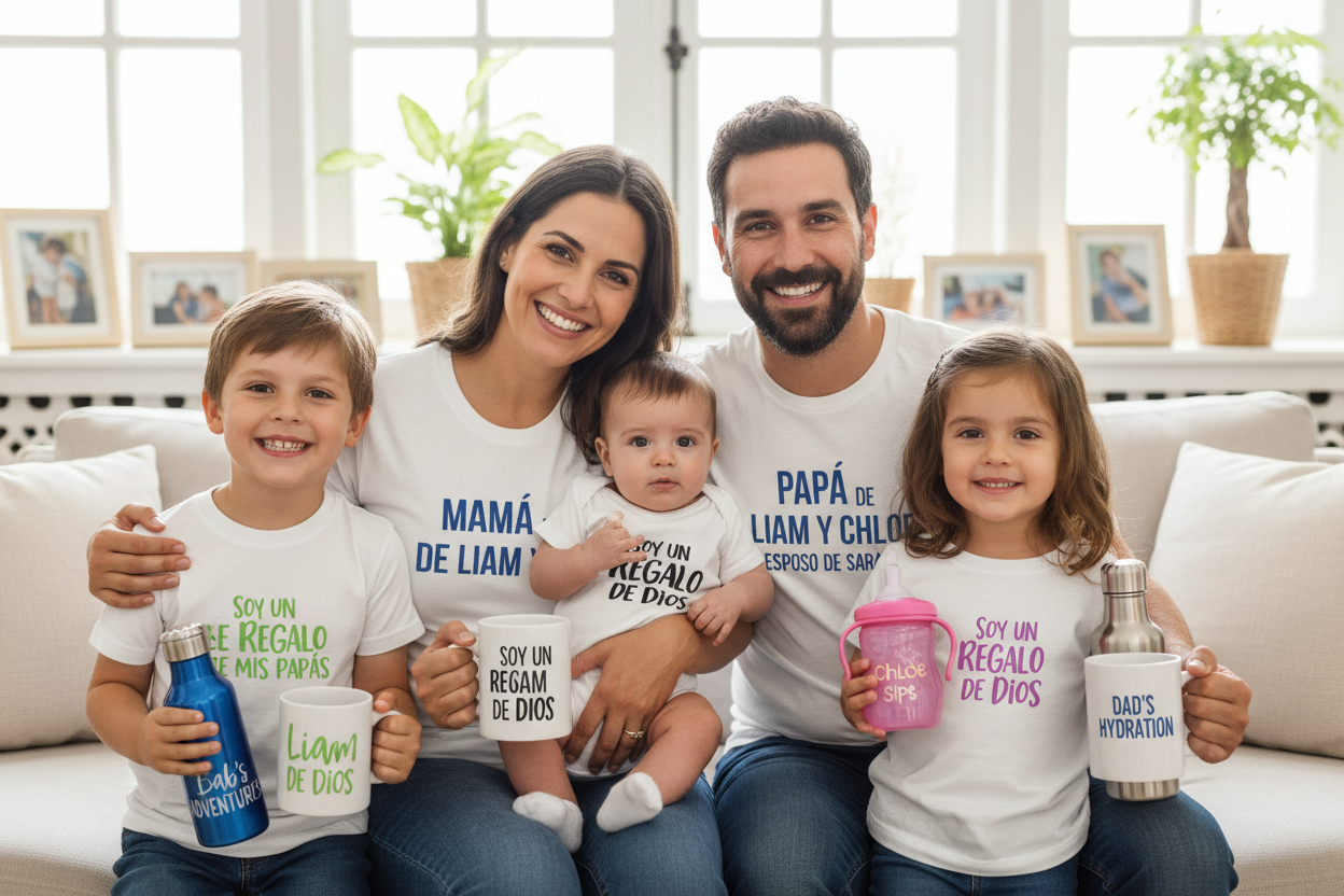 Familia con bebé y productos personalizados