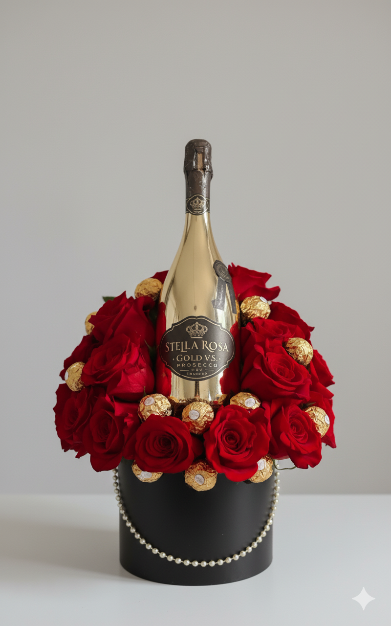 Michel – Luxury Roses, Chocolates & Sparkling Wine Arrangement